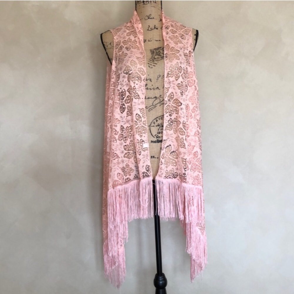 Fringe lace floral boho long vest